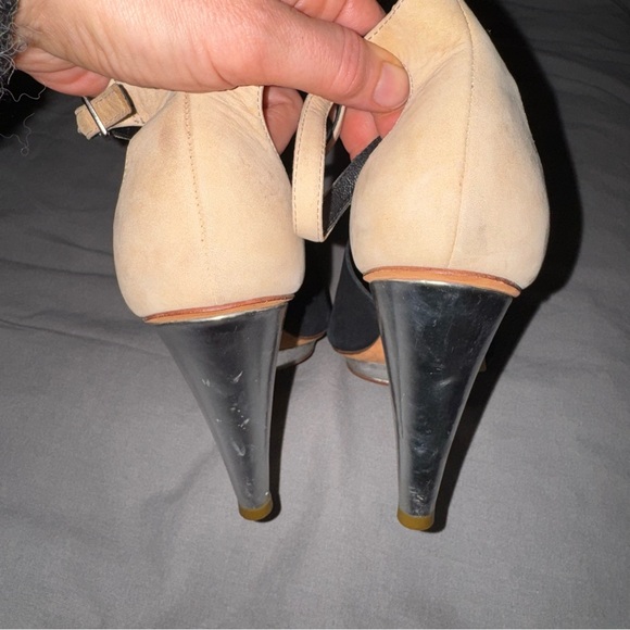 Rare Loeffler Randall Black Tan Leather Suede METAL Heels Sandals Shoes 8.5 - Picture 5 of 9